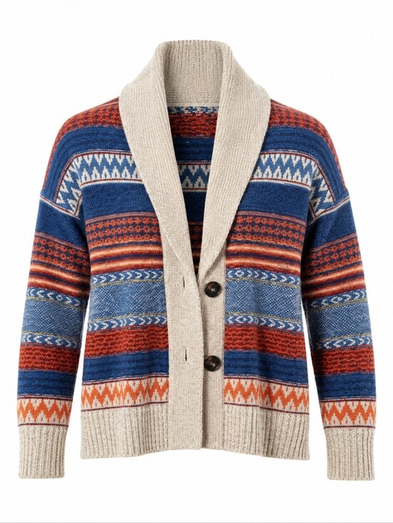 Source Unknown Sweaters - Women's Shawl Collar Striped Cardigan - Blue, Rust & Cream